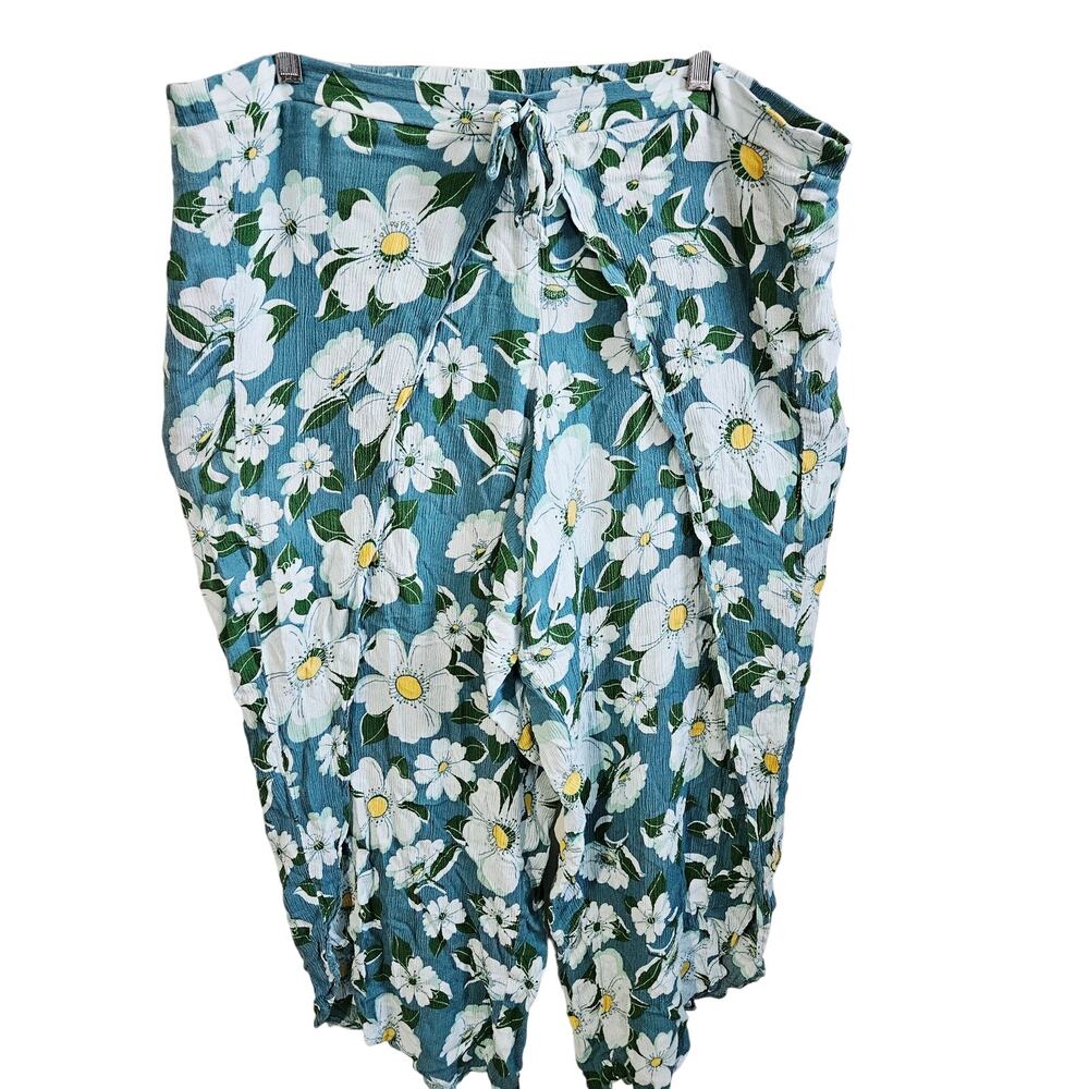 Adore Me XL Tie Waist Crepe Ankle Pants Green White Daisy Floral Coastal Summer